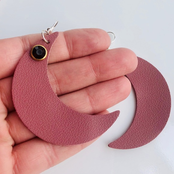 Vegan Leather Earrings Moons 925 Silver Brown New - Picture 3 of 4